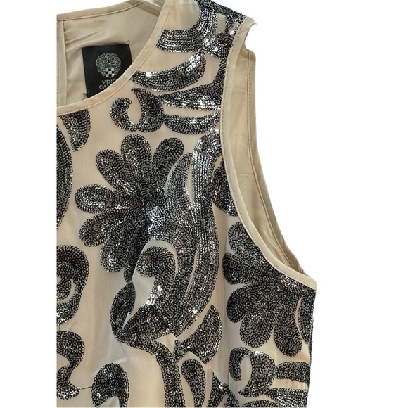 VINCE CAMUTO Silver & Pewter Sequin Swirls on Ivory Sleeveless Cocktail Dress 6 - Picture 13 of 16